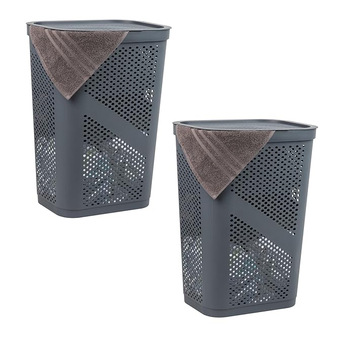 Mind Reader 60L Slim Laundry Hamper, Clothes Basket, Lid, Ventilated, Plastic, Set of 2, Gray