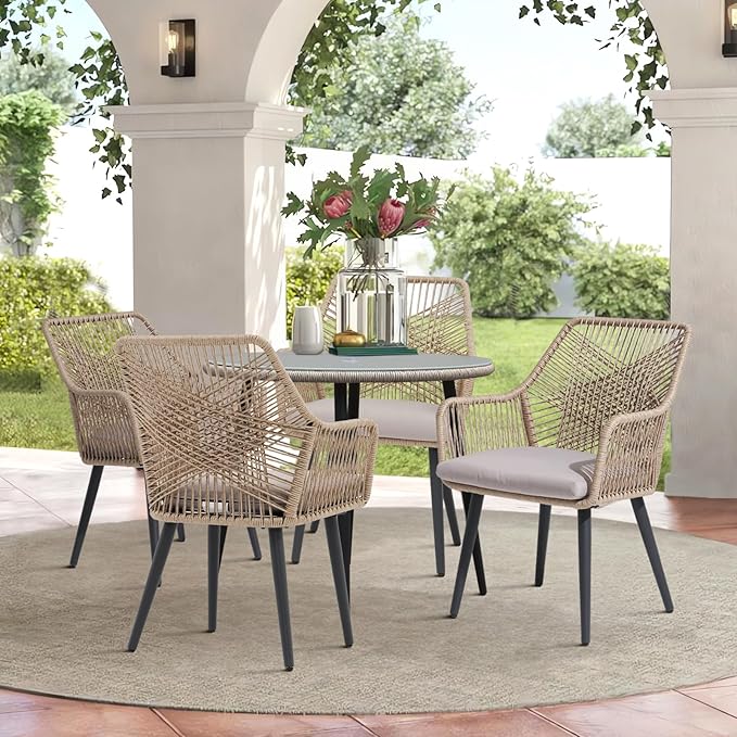 JOIVI Outdoor Dining Chairs Set of 4, 4 Pieces Woven Rope Patio Chairs with Armrest and Seat Cushions for Outside Porch, Balcony or Indoor Kitchen, Restaurant, Tan