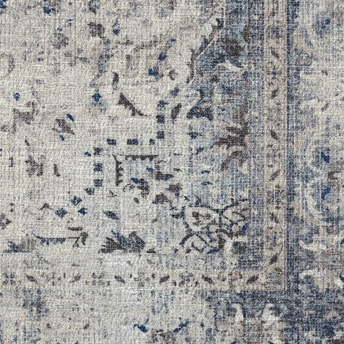 RUGGABLE Washable Vintage Area Rug – Sarrah Blue Quartz 6x9, Stain-Resistant, Non-Slip – Medium Machine Washable Rugs for Living Room, Bedroom, Hallway, Entryway & Office–with Standard Pad