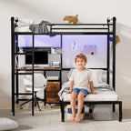Bunk Bed Twin Over Twin, Industrial Heavy Duty Metal Bed with LED Lights & Charging Sation, bunk beds for Kids, School, Bedroom, Safety Guardrail and Ladder