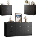 3-Piece Dresser Bedroom Set, 9 Drawer Dresser & 3 Drawer Nightstands with Gold Handles, Fluted Wood Chest of Drawers for Bedroom, Living Room, Entryway, Black