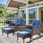 HUMMUH 5 Pieces Wicker Patio Furniture Set,Outdoor Rocker Chairs,Patio Ottomans,Glass Top Side Table,Outdoor Conversation Set for Porch Deck Backyard Poolside