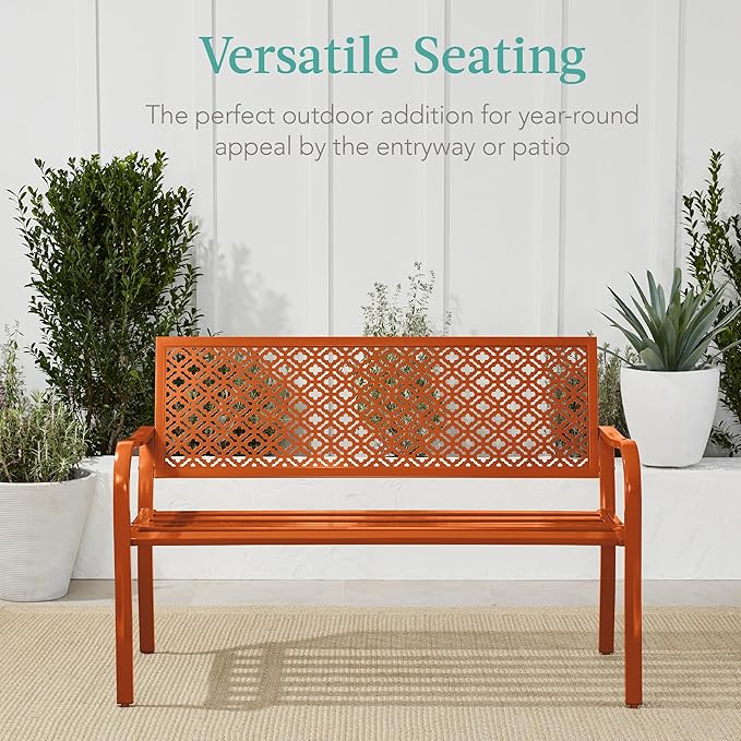 Best Choice Products Outdoor Bench 2-Person Metal Steel Benches Furniture for Garden, Patio, Porch, Entryway w/Geometric Backrest, 790lb Capacity - Carrot