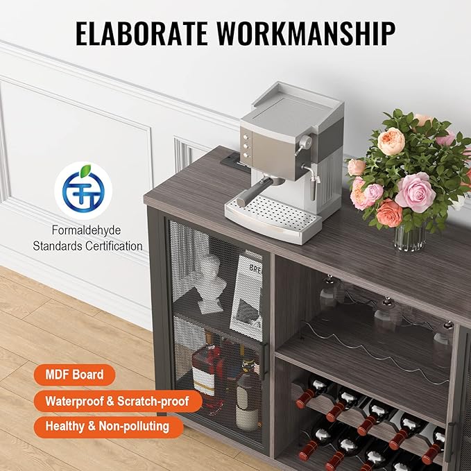 VEVOR 55 Inch Industrial Bar Cabinet, Wine Table for Liquor and Glasses, Sideboard Buffet Cabinet with Wine Rack, Freestanding Farmhouse Wood Coffee Bar Cabinet for Living Room, Home Bar, and Kitchen