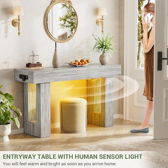 Unikito 47" Entryway Table with Socket and Sensor Light, Narrow Console Table with Storage Behind Couch, Farmhouse Entry Way Tables with Open Storage for Entrance/Hallway/Living Room, White Oak