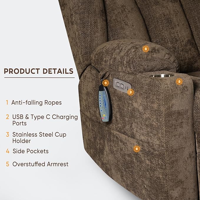 Large Power Lift Recliner Chair with Massage and Heat, Durable Heavy Duty Steel Mechanism Chenille Fabric High-Density Sponge, USB & Type-C Port Standing Assistance Brown Reclining Chair