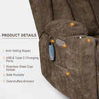 Large Power Lift Recliner Chair with Massage and Heat, Durable Heavy Duty Steel Mechanism Chenille Fabric High-Density Sponge, USB & Type-C Port Standing Assistance Brown Reclining Chair