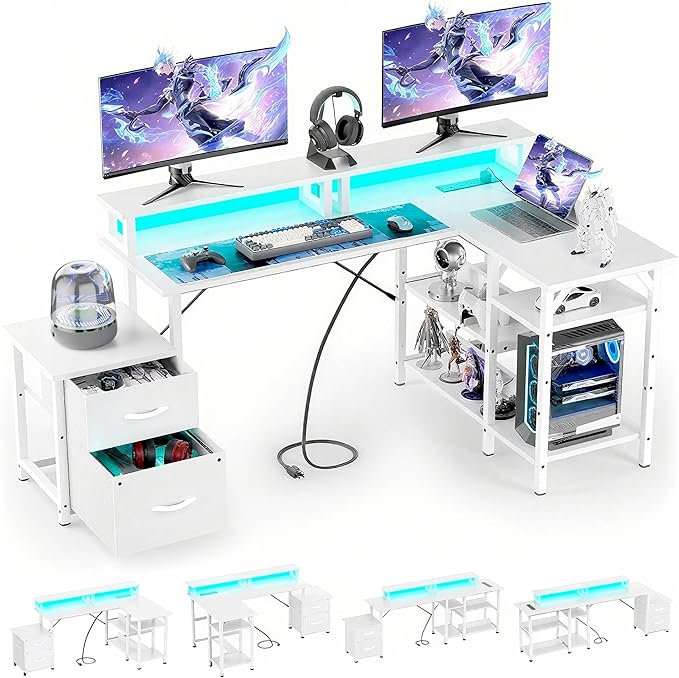 Office Desk L Shape with File Drawers&Power Outlet,YOUNGAR 69.3 Inch Reversible L Shaped Computer Desks,Corner L Shape or Long Desk Set up Monitor Stand &Storage Shelves LED Lights&CPU Stand,All White