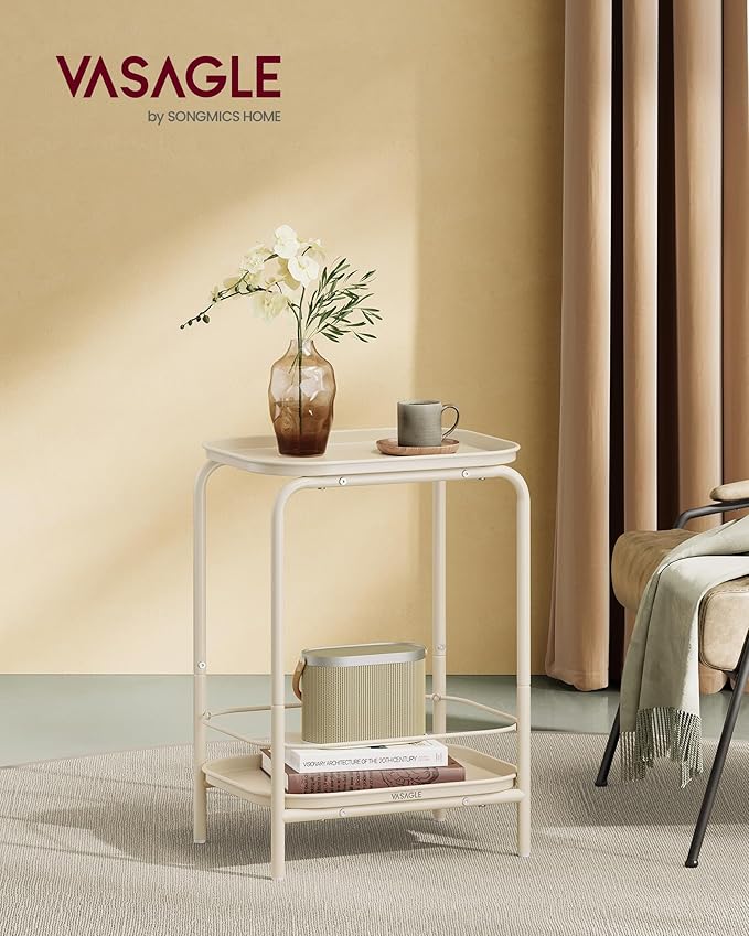 VASAGLE 2-Tier Outdoor Table, Small Side End Table with Tray Storage, Bedside Nightstand for Living Room, Bedroom, Modern Style, Cream White ULET243W01