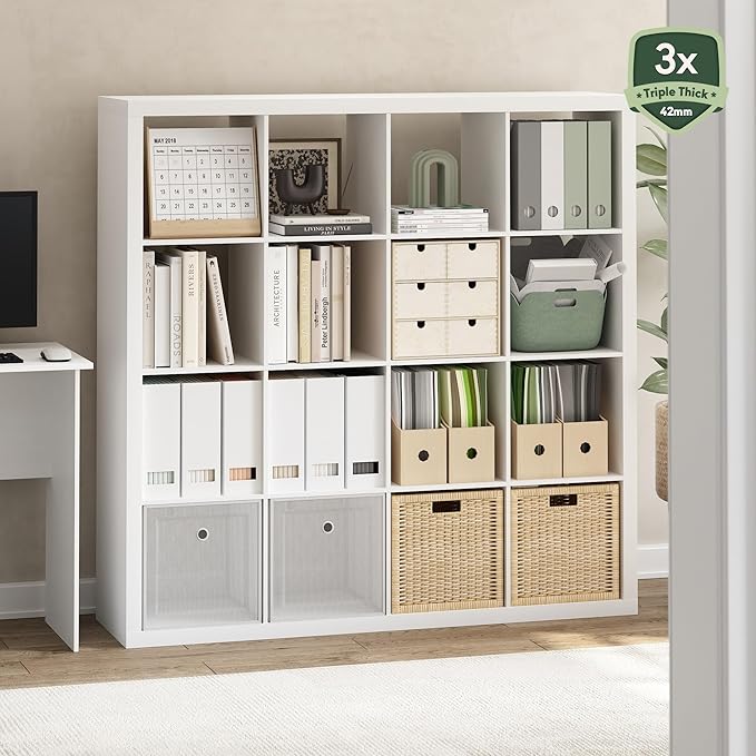 Furinno Cubicle Book Shelf, 16-Cube Bookshelf, Triple Thick Frame Cube Storage Organizer, Bookcase, 15.4 x 57.4 x 56.9, for Home Office, Living Room, Plain White