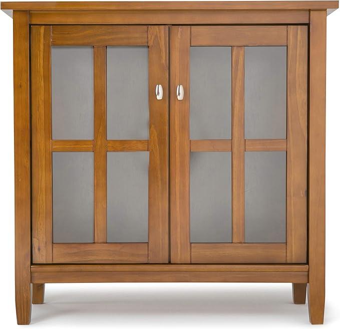 SIMPLIHOME Warm Shaker SOLID WOOD 32 inch Wide Transitional Low Storage Cabinet in Light Golden Brown for the Living Room, Entryway and Family Room