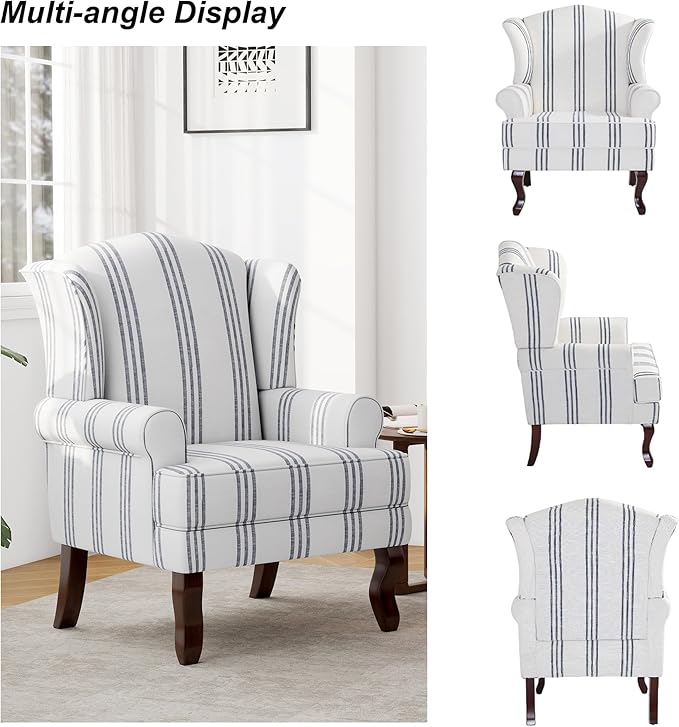 Accent Chair, High Back Upholstered Armchair with High Resilience Sponge & Wood Legs, Mid-Century Modern Comfy Single Sofa Reading Chairs for Living Room, Bedroom - Stripe Navy, Set of 1