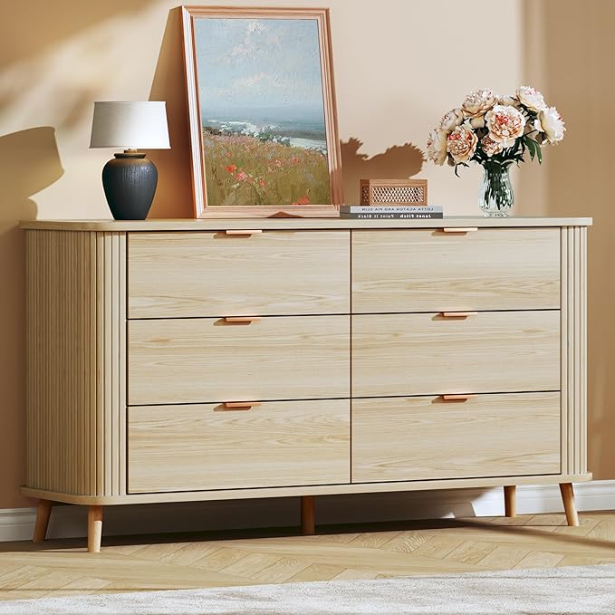 6 Drawers Dresser, Mid Century Modern Dresser for Bedroom, Curved Profile & Fluted Design, Wide Wood Chests of Drawers Storage for Entryway, Hallway, Oak