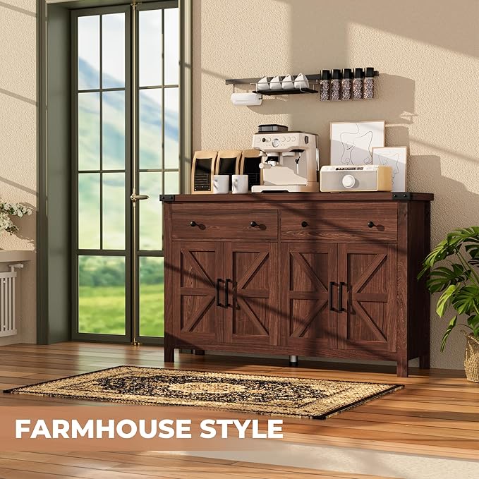 Buffet Cabinet with Storage Farmhouse with 4 Doors and 2 Drawers, 55'' Large Kitchen Storage Cabinet Cherry Wood Coffee Bar Buffet Sideboard for Kitchen, Dining Room, Living Room