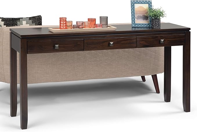 SIMPLIHOME Cosmopolitan Console Table - 60 Inch Wide Solid Wood Sofa Table in Mahogany Brown, Contemporary Storage Table for Entryway or Living Room with 3 Drawers, Square-Edged Top, and Tapered Legs