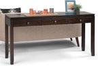 SIMPLIHOME Cosmopolitan Console Table - 60 Inch Wide Solid Wood Sofa Table in Mahogany Brown, Contemporary Storage Table for Entryway or Living Room with 3 Drawers, Square-Edged Top, and Tapered Legs