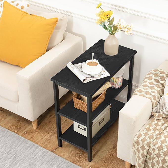 HOOBRO End Table, Simple Rustic Side Table with 3-Tier Storage Shelf, Narrow Nightstand for Small Spaces, Easy Assembly, for Living Room, Bedroom, Metal, Industrial Design, Black BB14BZ01
