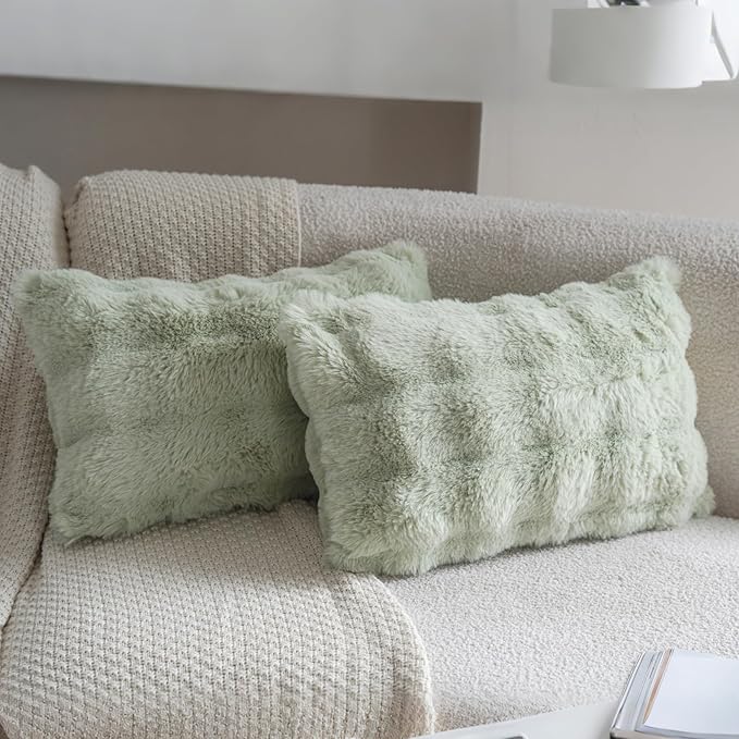 Neelvin Green Faux Fur Cozy Soft Double-Sided Decorative Throw Pillow Covers 12x20 inch Set of 2,Velvet Pillowcase Cushion Case for Sofa Couch
