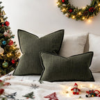 a moment Christmas Linen Pillow Covers Set of 2,Boho Farmhouse Throw Pillowcases Neutral Textured Decorative Covers for Couch Sofa,Soft Linen Blend Accent Case Cushion Home Decor 20"x12"Dark Green
