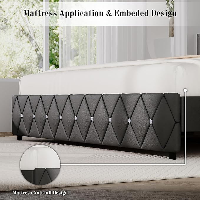 BarnFurin King Bed Frame with Diamond Tufted Headboard, Faux Leather Upholstered Bed with Wooden Slats Support, No Box Spring Needed, Mattress Foundation, Easy Assembly, Gray