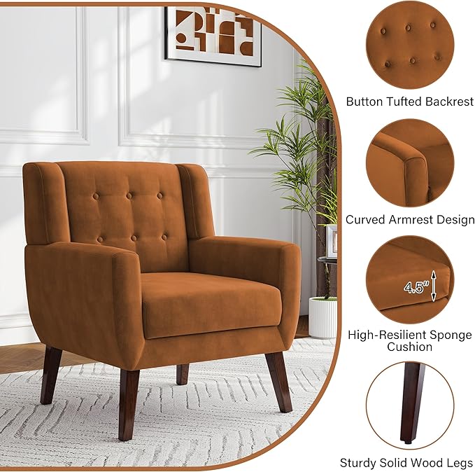 Lumibee Accent Chair, Modern Velevet Armchair for Living Room, Comfy Upholstered Arm Chair Tufted for Indoor Bedroom Office Room (Orange Velvet)