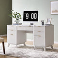 T4TREAM Fluted Executive Desk with Drawers, 60" Modern Home Office Computer Desk with Charging Station, File Cabinet, Keyboard Tray and Storage Cabinet for Study, Living Room, Bedroom, Solid White