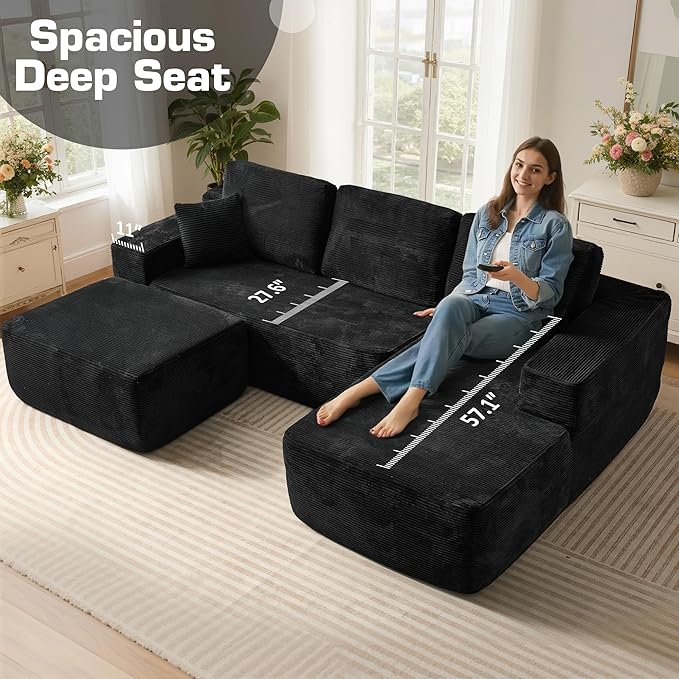 106" Cloud Sectional Couch with L-Shape Chaise & Ottoman, No Assembly Modular Sofa, Deep Seat Corduroy Boneless Couched for Living Room (Black Stripe Corduroy, Right Facing Chaise with Ottoman)