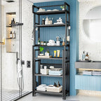 Recaceik 6-Tier Over The Toilet Storage Shelf with Cart, Freestanding Above Toilet Shelf Rack, Farmhouse Bathroom Organizer Shelves, Space Saver (Black)