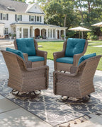 Patio Chairs Outdoor Swivel Glider - Set of 4 High Back Outside Brown Wicker Rattan Rocking Chair with Thick Cushion for Porch Apartment Deck Yard Poolside Garden - Peacock Blue