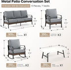 6 Piece Metal Outdoor Patio Furniture Set, Patio Conversation Set with 1 3-Seater & 2 Fixed Sofas, 2 Rocking Sofas, 5.75" Thick Cushion & Coffee Table, Black & Gray Backyard Furniture