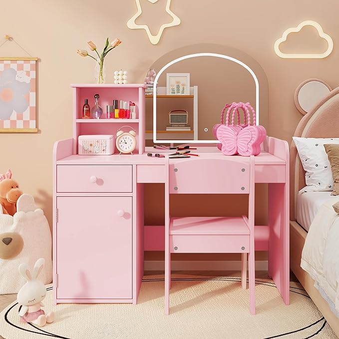 Gizoon Kids Vanity Desk with Mirror and Lights, Todder Vanity Table and Chair Set with 2 Tier Open Shelves Drawer and Cabinet, Kids Makeup Vanity for Little Girl, Pink