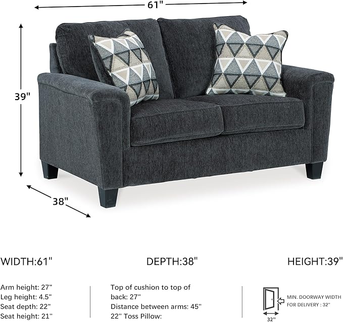 Signature Design by Ashley Abinger Chenille Contemporary Loveseat with 2 Accent Pillows, Dark Gray