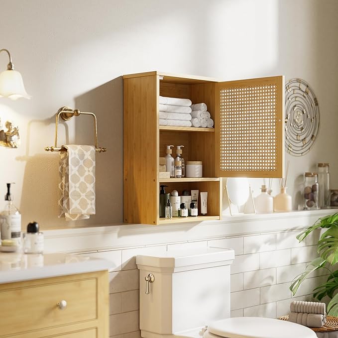 Bathroom Wall Cabinet, Bamboo Over-The-Toilet Storage Organizer with Rattan Doors and Adjustable Shelf, Space Saver Medicine Cabinet for Laundry, Kitchen, Living Room (Natural)