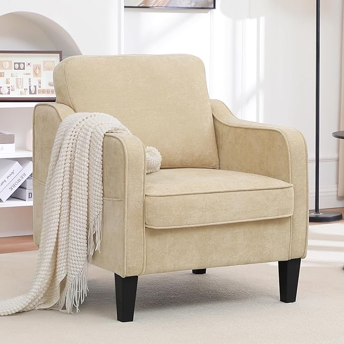Accent Chairs Set of 2, Upholstered Living Room Chairs with Side Pocket, Mid Century Modern Reading Chair for Bedroom, Comfy Armchair Single Sofa Side Chair for Office, Small Room, Light Brown