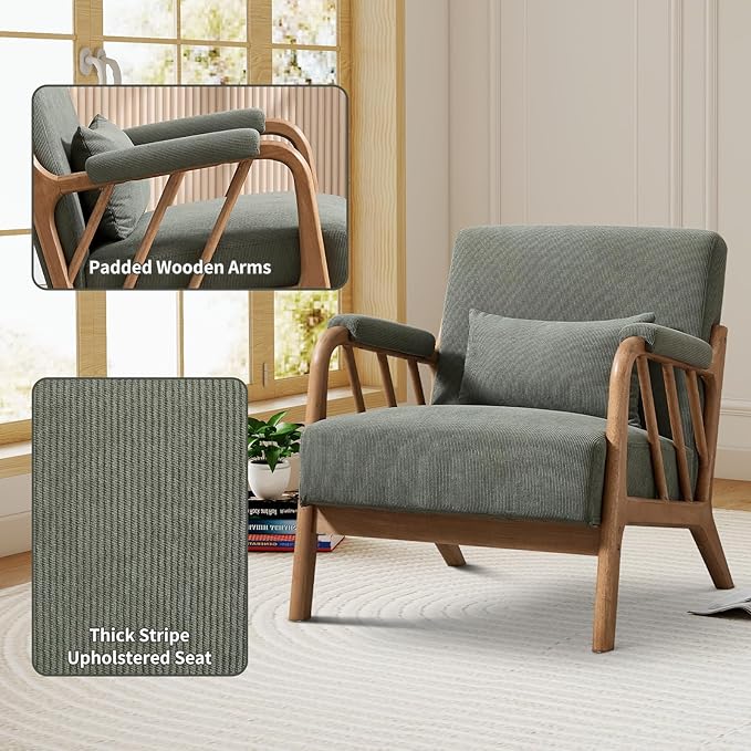 Mid Century Modern Accent Chair with Solid Wood Frame, Upholstered Living Room Chairs with Lumbar Cushion Padded Arms, Reading Armchair for Bedroom Set of 2, Green