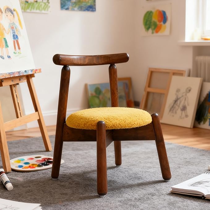 DAYAURS Toddler Chair Comfy Sherpa Kid Chairs, Armless Reading Chair for Kids Bedroom, Boys Girls Desk Chairs for Ages 2-5, Solid Wooden Stool Kids Furniture for Playroom/Preschool/Nursery, Yellow