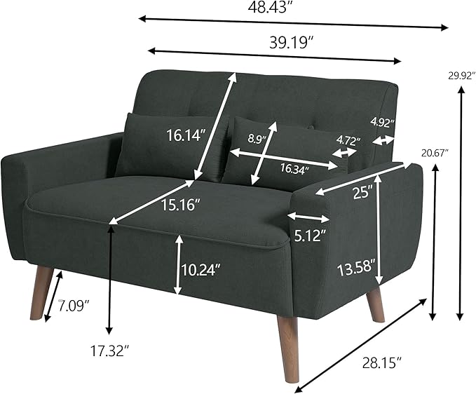 48" Small Loveseat Sofa, Mid Century Modern Love Seat Couch with Back Cushions and Plastic Legs, 2 Seater Couches for Living Room, Bedroom, Small Spaces