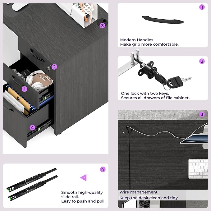 100.4'' Height Adjustable U-Shaped Executive Desk with 3-Drawer File Cabinet and Shelves (Grey-U)