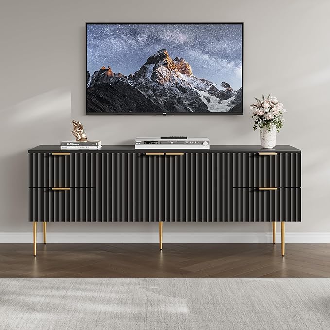 SICOTAS TV Stand for 55/60/65/70 Inch TV - 62 Inch TV Stands for Living Room Entertainment Center with 4 Drawers, Fluted Modern TV Media Console Television Cabinet for Bedroom(Black, 1 Piece)
