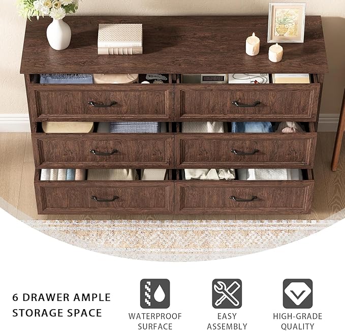 CARPETNAL Farmhouse Dresser and Nightstand Sets for Bedroom, 4 Pcs Bedroom Set, 5 Drawer & 6 Drawer Dresser and Nightstand Set of 2, Wood Chest of Drawers for Living Room, Entryway, Brown
