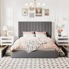 Allewie Queen Size Storage Bed Frame, Vertical Channel Tufted Adjustable Headboard, Velvet Upholstered Platform Bed with 4 Oversized Underbed Drawers, Wooden Slats Support, No Box Spring Needed, Grey