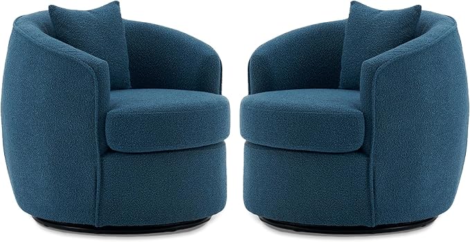 Swivel Accent Chair Set, Modern Upholstered Boucle Barrel Arm Chairs with Pillow for Living Room, 360 Degree Round Swivel Sherpa Armchair with Round Base for Bedroom Club (2, Dark Blue)