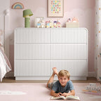 Dresser for Bedroom with 6 Drawers, Fluted Chest of Drawers with Round Curved Corner, Hidden Handles, Modern Wood Storage Organizer for Bedroom, Nursery, Living Room
