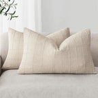 Foindtower Set of 2 Decorative Linen Check Throw Pillow Covers Neutral Farmhouse Lumbar Cushion Covers Modern Boho Home Decor for Sofa Chair Couch Bedroom Living Room,12×20 Inch,Natural Beige