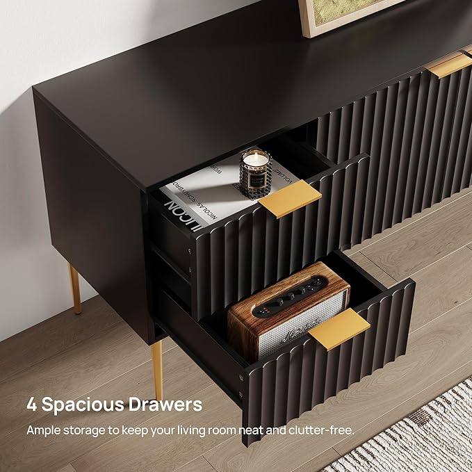 SICOTAS TV Stand for 55/60/65/70 Inch TV - 62 Inch TV Stands for Living Room Entertainment Center with 4 Drawers, Fluted Modern TV Media Console Television Cabinet for Bedroom(Black, 2 Pieces)