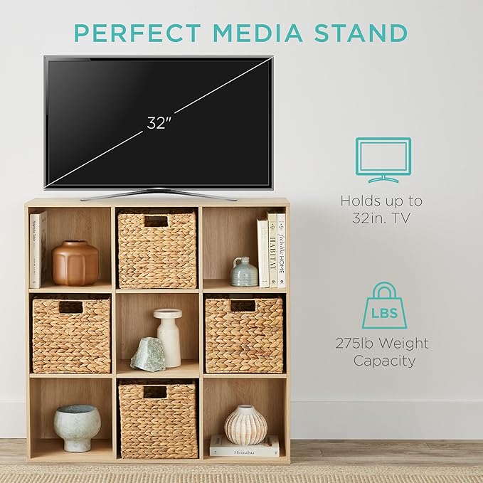 Best Choice Products 9-Cube Storage Organizer, 11in Shelf Opening, Bookcase, Display Shelf, Customizable w/ 3 Removable Back Panels - Light Oak