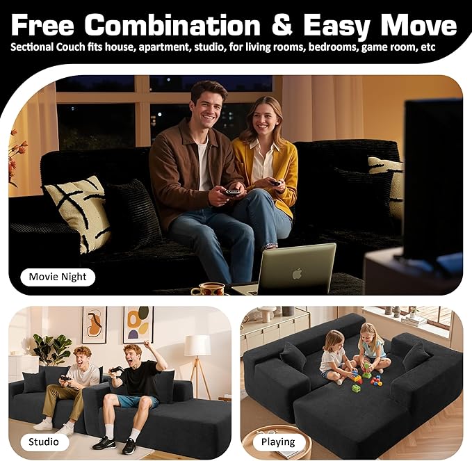 106" Cloud Sectional Couch with L-Shape Chaise & Ottoman, No Assembly Modular Sofa, Deep Seat Corduroy Boneless Couched for Living Room (Black Stripe Corduroy, Right Facing Chaise with Ottoman)