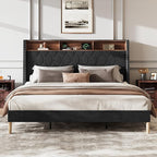WLIVE King Size Upholstered Bed Frame with Storage Headboard, Velvet Square Tufted Platform Bed with Charging Station, Sturdy Metal & Wooden Slats Support, No Box Spring Needed, Black
