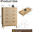 Fluted 5 Drawer Dresser, Tall Dresser with Deep Drawers, Wood Chest of Drawers for Bedroom, Modern Tall Chest Storage Organizer, Natural Finish for Hallway, Entryway, Living Room (Oak)
