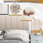 KOMFOTT Linen Upholstered Headboard for Full & Queen Size Bed, Vertical Channel Tufted Rectangular Headboard with Solid Wood Legs & Adjustable Width, Padded Bed Backboard, Easy Assembly, Beige